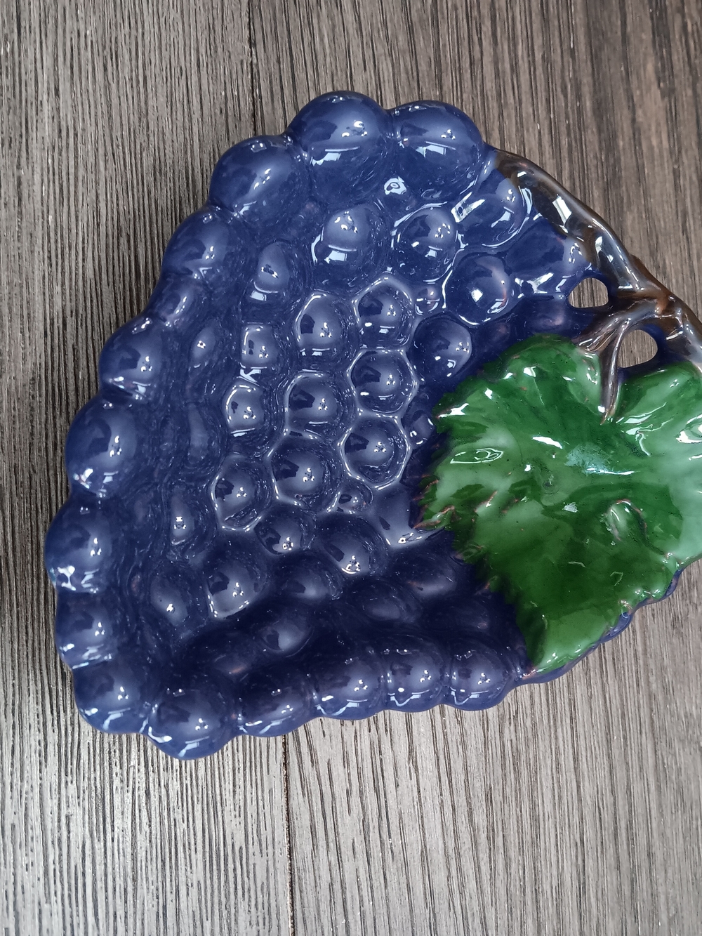 Purple Ceramic Grape Dish with Green Leaf Accent